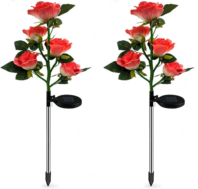 Lxcom Lighting Solar Garden Lights Solar Flower Lights Outdoor 10 Rose Solar Flowers Path Lights Waterproof Decorative Rose Garden Lights for Patio Path Garden Yard, 2 Pack(Red)