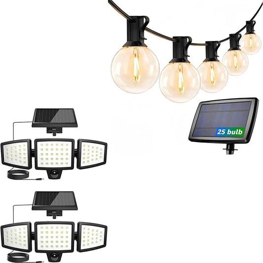 LE Bundle - 2 Pack Solar Flood Light 3 Adjustable Heads with Separeted Solar Panel & 25 ft Solar String Lights G40 Edison Bulbs String Lights