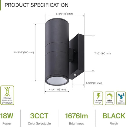ASD 2 Light LED Indoor & Outdoor Wall Light Fixture with Emergency Battery Backup | 18W 1676LM 3000K-5000K 120-277V Cylinder Up Down Lights | Exterior Wall Sconce Porch & Patio | Black, ETL