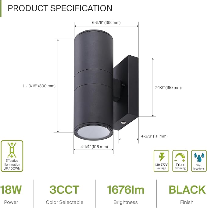 ASD 2 Light LED Indoor & Outdoor Wall Light Fixture with Emergency Battery Backup | 18W 1676LM 3000K-5000K 120-277V Cylinder Up Down Lights | Exterior Wall Sconce Porch & Patio | Black, ETL 6 Pack