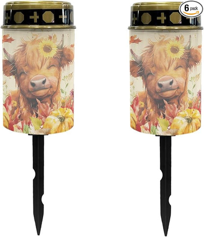 Sunflower Highland Cow Solar Lights Outdoor Waterproof Set of 6 Lights Garden Lantern for Yard Patio Walkway Thanksgiving Decor