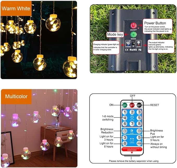 Solar Wishing Ball Fairy Curtain Lights, Waterproof 8 Modes Flashing String Lights with Remote Control for Bedroom, Christmas, Wedding, Party Decoration (Warm White)