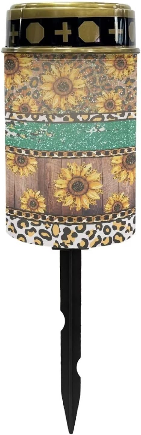 Poceacles Solar Lights Outdoor Waterproof Cemetery Lights Solar Powered Grave Solar Lantern Outdoor Waterproof Walkway Lights for Lawn Garden Pathway, Leopard Print Sunflower Shiny Green