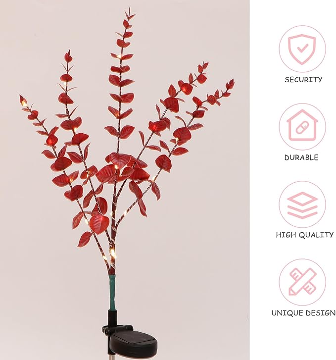 Cabilock Solar Eucalyptus Leaf Lawn Light Outdoor Solar Pathway Lamp Garden Decorative Flower-Shaped Patio Light with Dark Red Simulation Leaves