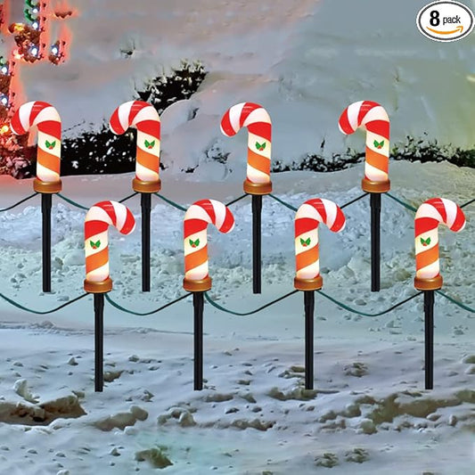 C7 Christmas Pathway String Lights, Set of 8 Christmas Candy Cane Driveway Markers with 4 C7 Clear Bulbs, Waterproof String Lights for Pathway Decor Outdoor Decoration