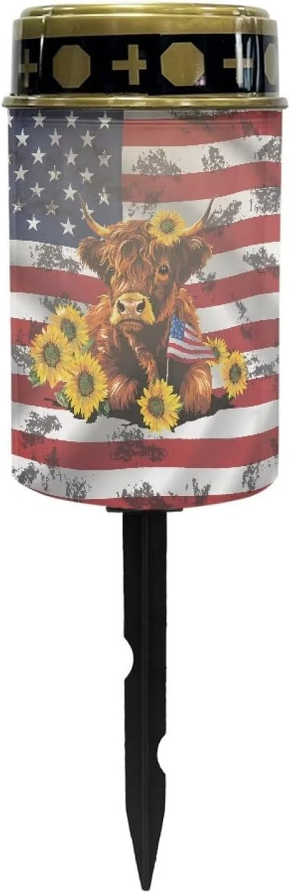 American Flag Yak Sunflower Solar Cemetery Grave Decorations, Waterproof Memorial Cemetery Decorations Lights for Birthday Mother Day Fathery Day Memorial Day