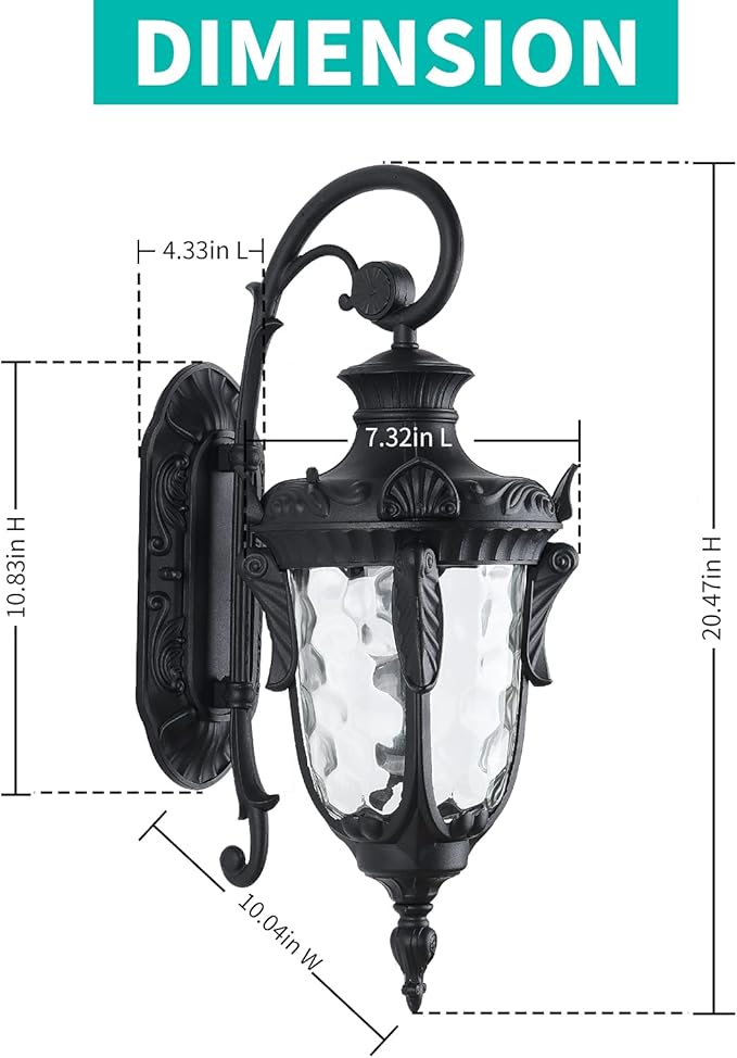 LONEDRUID Outdoor Wall Light Fixtures Black 20.47" H Exterior Wall Lantern Waterproof Sconce Porch Lights Wall Mount with Hammered Glass Shade for House