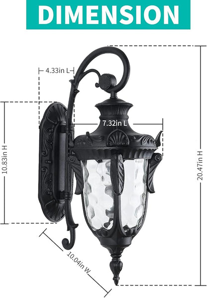LONEDRUID Outdoor Wall Light Fixtures Black 20.47" H Exterior Wall Lantern Waterproof Sconce Porch Lights Wall Mount with Hammered Glass Shade for House