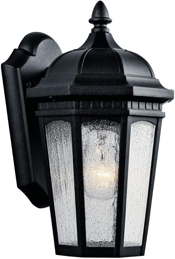 Kichler Courtyard 11" 1 Light Outdoor Wall Light with Clear Seeded Glass in Textured Black, 16-Inch | Lumora