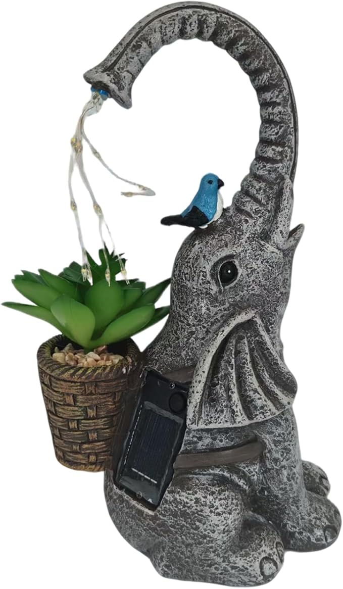 Solar Powered Garden Statue with LED Lights, Grey Stone Resin Elephant Planter, Decorative Outdoor Sculpture with Birds and Succulents,for Balcony, Garden, Patio, Yard, Lawn(Gray)