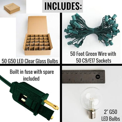 Hometown Evolution, Inc. G50 2" LED Diode Warm White Outdoor Patio String Lights with 0.6 Watt Light Bulbs (Green Wire, 50 ft)