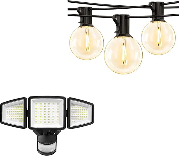 Lepro Bundle - Black LED Security Light 3 Adjustable Heads & 50 ft Outdoor String Lights 25 LED G40 Edison Bulbs | Lumora
