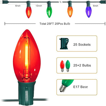 C9 Christmas Lights Outdoor, 25FT Waterproof Multicolor LED String Lights for Roofline Xmas Tree Patio Holiday Party Decor - UL Listed, Commercial Grade, Green Wire
