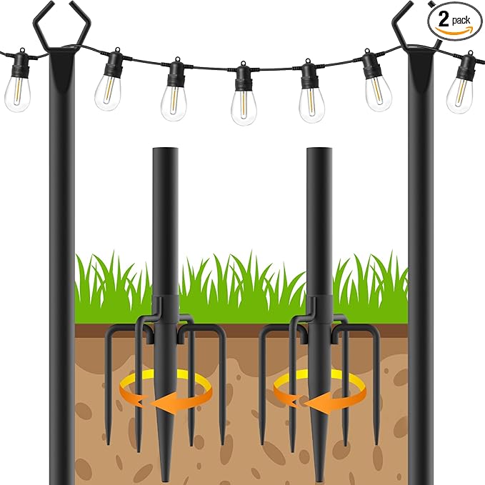 2 Pack String Light Poles,10 Ft Light Poles for Outside String Lights,Outdoor Lights Pole with Fork,Metal Poles Stand for Patio Deck Backyard
