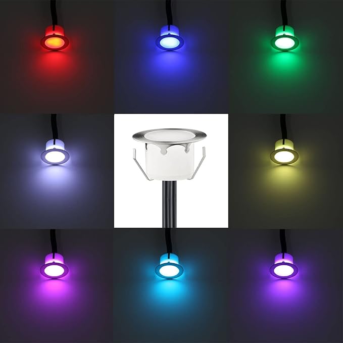 LED Outdoor Deck Lights Kits, Φ1.77in RGB 10 Pack Silver, Low Voltage 12V DC IP67 Waterproof, Multi Color Changing Remote Dimmable, Recessed Stair Step Floor Landscape Lighting