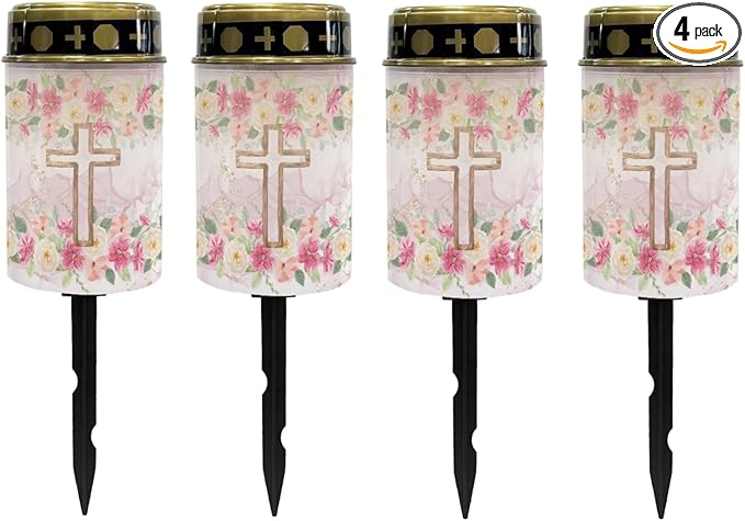 Cross Floral Solar Lights Outdoor Solar Garden Stake Lights Landscape Lighting for Yard Patio Cemetery Decoration for Grave,Flameless Warm White Lights Solar Powered Lights for Outside,Pink