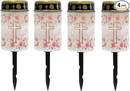 Cross Floral Solar Lights Outdoor Solar Garden Stake Lights Landscape Lighting for Yard Patio Cemetery Decoration for Grave,Flameless Warm White Lights Solar Powered Lights for Outside,Pink