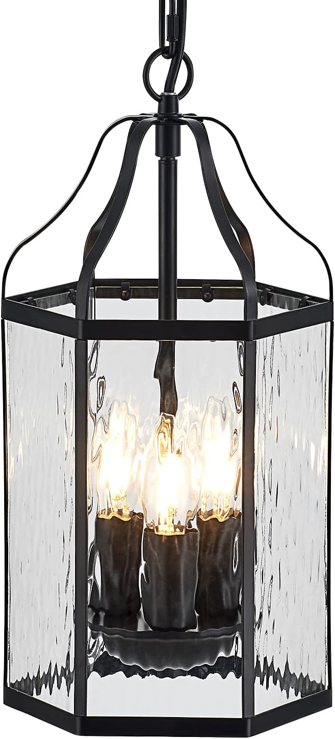 8" Modern 3-Light Exterior Black Lantern Pendant Light Fixture with Clear Rippled Glass Mini Industrial Hanging Cage Chandelier for Outdoor Kitchen Dining Room Hallway Entryway Foyer Porch