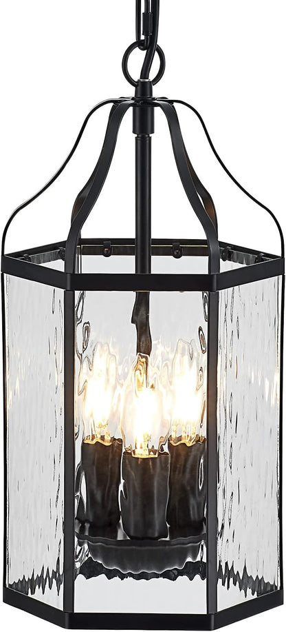 8" Modern 3-Light Exterior Black Lantern Pendant Light Fixture with Clear Rippled Glass Mini Industrial Hanging Cage Chandelier for Outdoor Kitchen Dining Room Hallway Entryway Foyer Porch