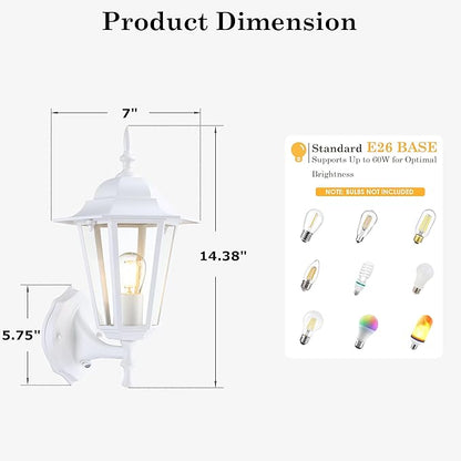 GRUENLICH Dusk to Dawn Outdoor Wall Sconce, Exterior Front Porch Lighting with Clear Glass, White Aluminum Outside Coach Light for Patio Doorway Garage, 2 Pack
