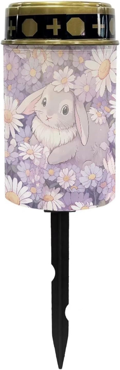 Rabbit Flower Solar for Cemetery Grave Memorial Stake Solar Lights Waterproof Outdoor Garden Stake Solar Cemetery Cross for Grave Yard Decorations
