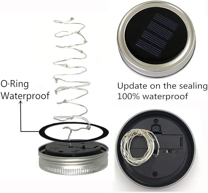 Solar Mason Jar Lights, 6 Pack 10 LED Jar Lid String Lights with 6 Hangers(No Jars), Waterproof Fairy Firefly Light for Garden, Patio, Outdoor, Yard, Lawn Decor(Cold White)
