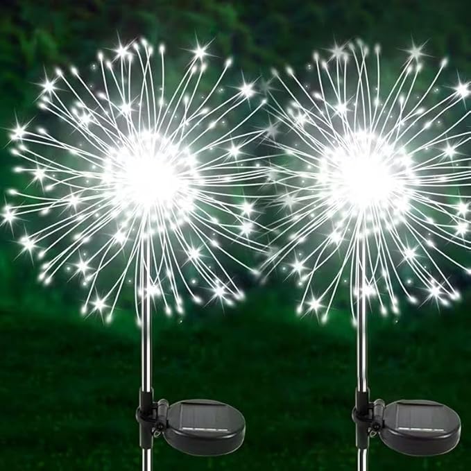 Solar Garden Lights, Firework Lights, IP55 Waterproof, Stainless Steel lamp Posts, Suitable for Outdoor Paths, terraces, Camping Parties, 600mAh (White-2PCS)