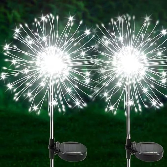 Solar Garden Lights, Firework Lights, IP55 Waterproof, Stainless Steel lamp Posts, Suitable for Outdoor Paths, terraces, Camping Parties, 600mAh (White-2PCS)