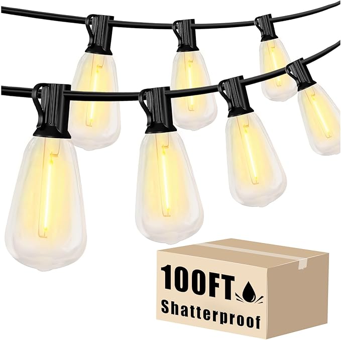 DAYBETTER Outdoor String Lights 100FT Waterproof 50 pcs Warm White LED Bulbs 2700K for Patio,Yard,Garden Durable Weatherproof String Lights for Outside for Parties, Weddings, Backyard