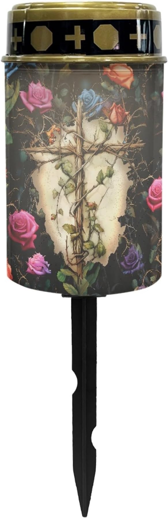 Cemetery Solar Lights for Grave,Cross-Watercolor Floral Solar Garden Stake Lights for Yard Patio Black Outdoor Solar Pathway Lights Waterproof Flameless Warm White LED Solar-Lantern