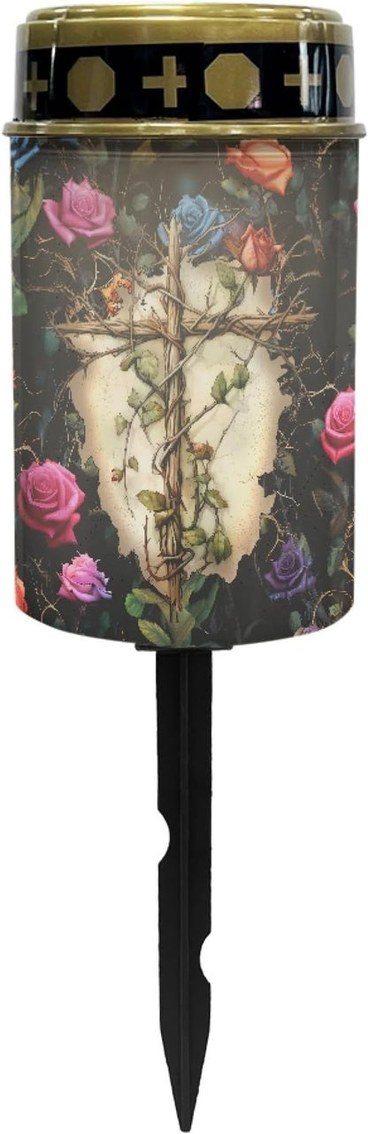 Cemetery Solar Lights for Grave,Cross-Watercolor Floral Solar Garden Stake Lights for Yard Patio Black Outdoor Solar Pathway Lights Waterproof Flameless Warm White LED Solar-Lantern