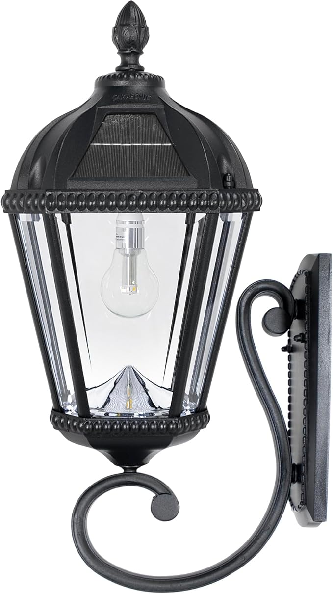 Gama Sonic Solar Outdoor Wall Light, Royal Bulb Exterior Sconce Lamp, Black Cast Aluminum, Clear Beveled Glass | Lumora
