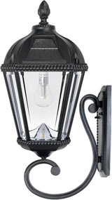 Gama Sonic Solar Outdoor Wall Light, Royal Bulb Exterior Sconce Lamp, Black Cast Aluminum, Clear Beveled Glass | Lumora