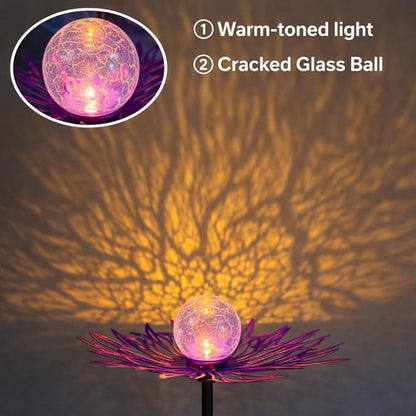 Solar Garden Lights Outdoor Decor, Metal Flower Solar Stake Light with Warm White Crackle Glass, Waterproof Yard Art Ornament for Patio Lawn Backyard, Unique Gardening Gifts for Women(Purple)