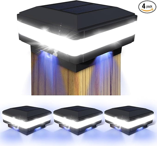 Sumaote Solar Post Cap Light, 52 LEDs 160 Lumen Outdoor Solar Post Light Fits 4x4 5x5 6x6 Wooden Posts IP65 Deck Fence Lights Platform Garden Patio 6000K White Lighting, Black Shell, 4 Pack