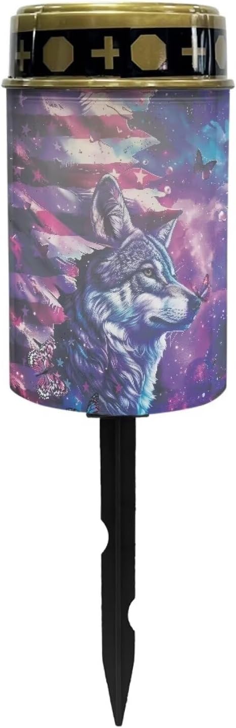 American Flag Wolf Galaxy Solar Garden Lights Solar Cemetery Solar Lights Outdoor Solar Garden Stake Lights for Cemetery Grave Yard Patio Decoration Memorial Gifts