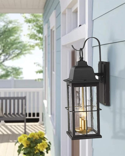 Zeyu Exterior Porch Light Fixtures, 17 inch Outdoor Wall Sconce for House in Black and Gold Finish with Seeded Glass Shade, 20071B2