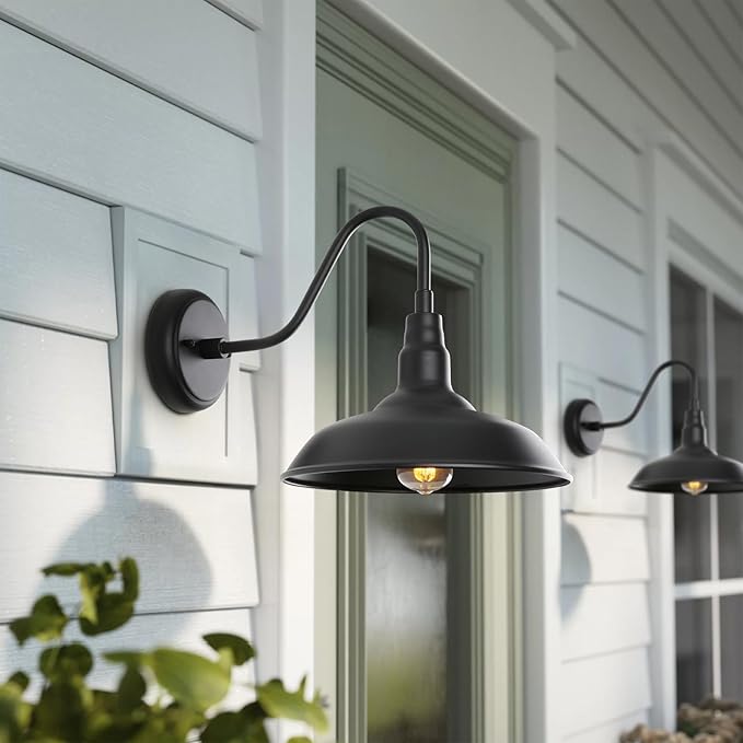 14 Inch Outdoor Gooseneck Light Fixture for Porch, 2 Pack Large Exterior Barn Lights for Farmhouse, Black Outside | Lumora