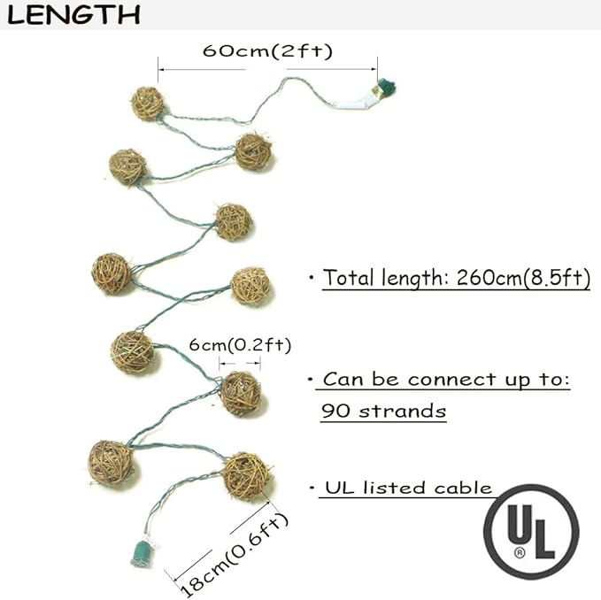 ACRAFT Handmade Dark Brown Rattan Ball String Lights Plug in Fairy Lights for Indoor Outdoor Patio Garden Balcony | Lumora