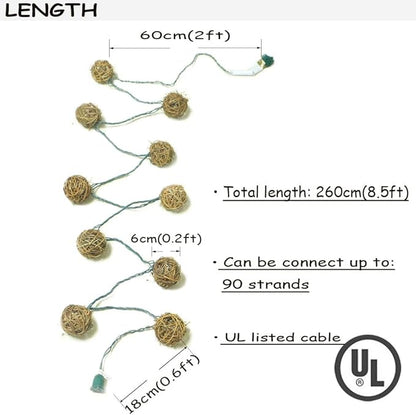 ACRAFT Handmade Dark Brown Rattan Ball String Lights Plug in Fairy Lights for Indoor Outdoor Patio Garden Balcony with End-to-end Connector Decorative Lighting