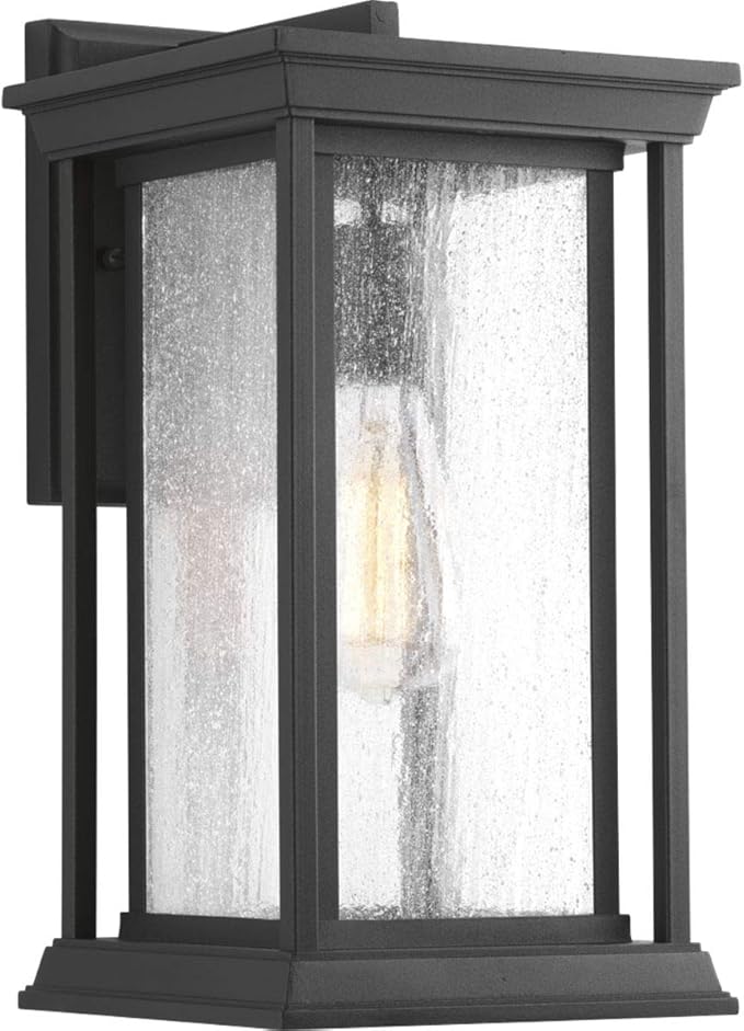 Progress Lighting Endicott Collection 1-Light Clear Seeded Glass Craftsman Outdoor Medium Wall Lantern Light Textured Black
