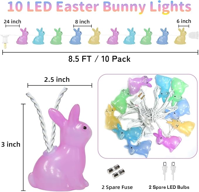 8.5FT Easter Decorations Bunny Lights, 10Pcs LED Pastel Easter Bunny Lights Plug in, Easters Light String for | Lumora