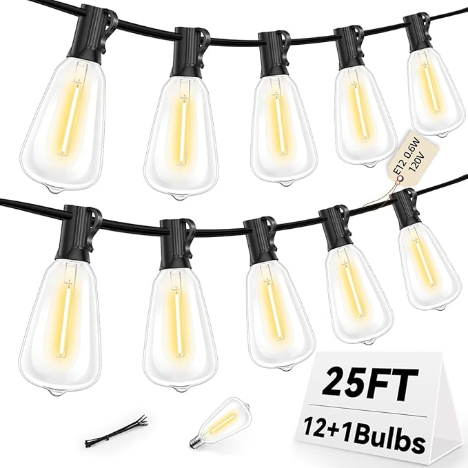 ST38 Outdoor String Lights 25FT with 12+1 LED Bulbs, E12 Socket, Waterproof Commercial Grade, 2700K Warm White for | Lumora