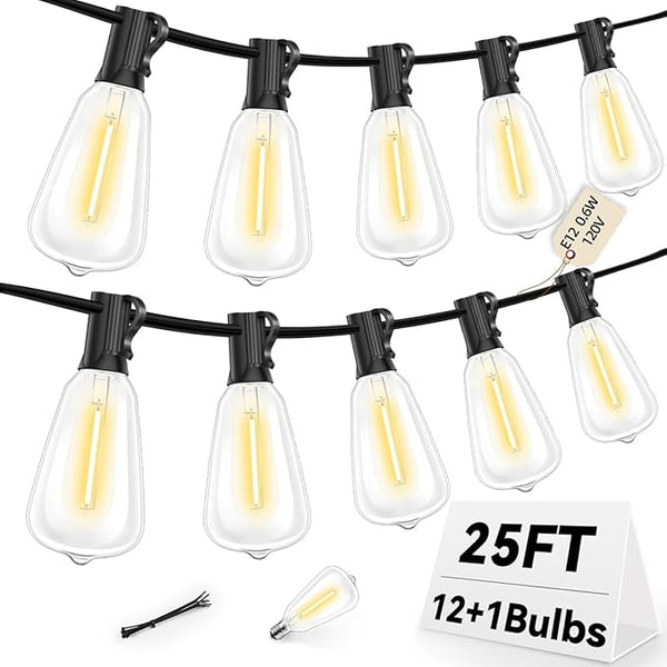 ST38 Outdoor String Lights 25FT with 12+1 LED Bulbs, E12 Socket, Waterproof Commercial Grade, 2700K Warm White for | Lumora