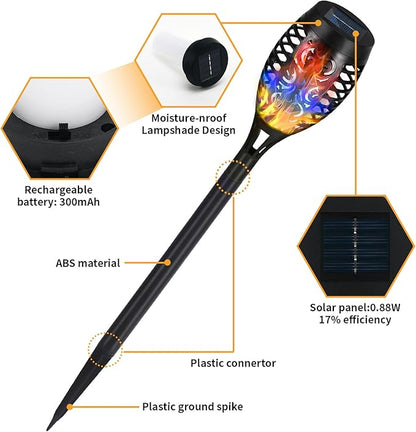 Solar Torch Lights, 6 Pack with Colorful Flickering Flame, Waterproof Tiki Torches for Outside Pathway Decorations