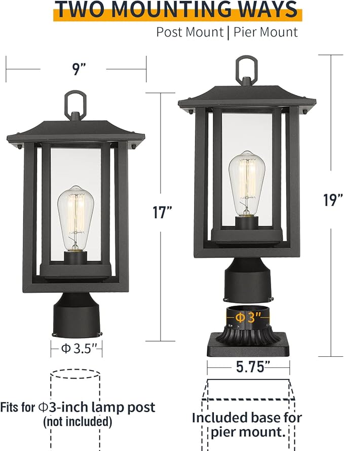 Beionxii Outdoor Post Lights, Large Exterior Lamp Post Light Fixture with Pier Mount Base, Black Cast Aluminum | Lumora