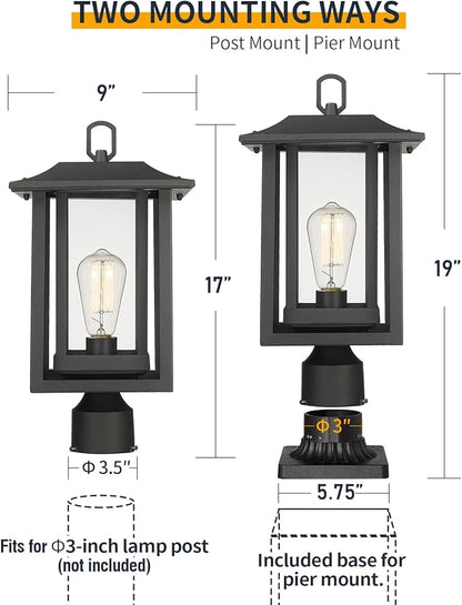 Beionxii Outdoor Post Light, Large Exterior Lamp Post Light Pier Mount Lantern with Base, Black Cast Aluminum w/Clear Glass (19" x 9") - A197P-1PK