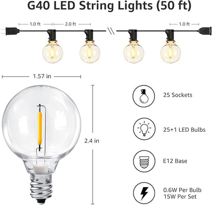 Lepro Bundle - Solar Flood Light 3 Adjustable Heads with Separeted Solar Panel & 50 ft Outdoor String Lights 25 LED G40 Edison Bulbs String Lights