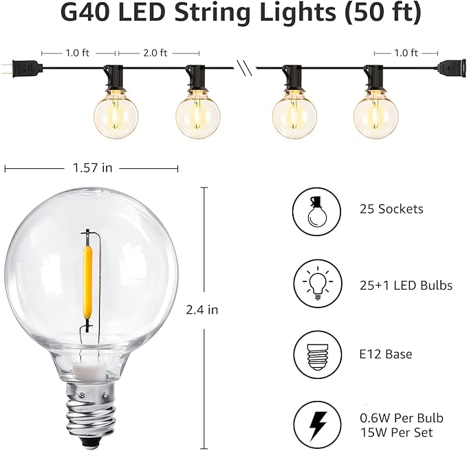 Lepro Bundle - Black LED Security Light 3 Adjustable Heads & 50 ft Outdoor String Lights 25 LED G40 Edison Bulbs | Lumora
