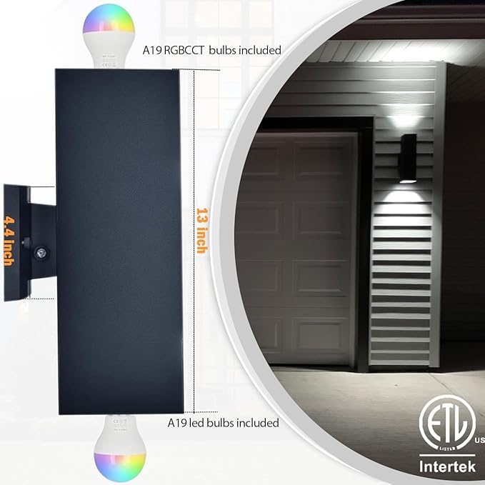 Tunable White Exterior Wall Light Fixtures 1200lm, RGB Color Up Down Outdoor Lights 2 Pack,Modern Dusk to Dawn Outdoor Lighting - Smart Outside Wall Lights for Garage,Porch（UL Listed